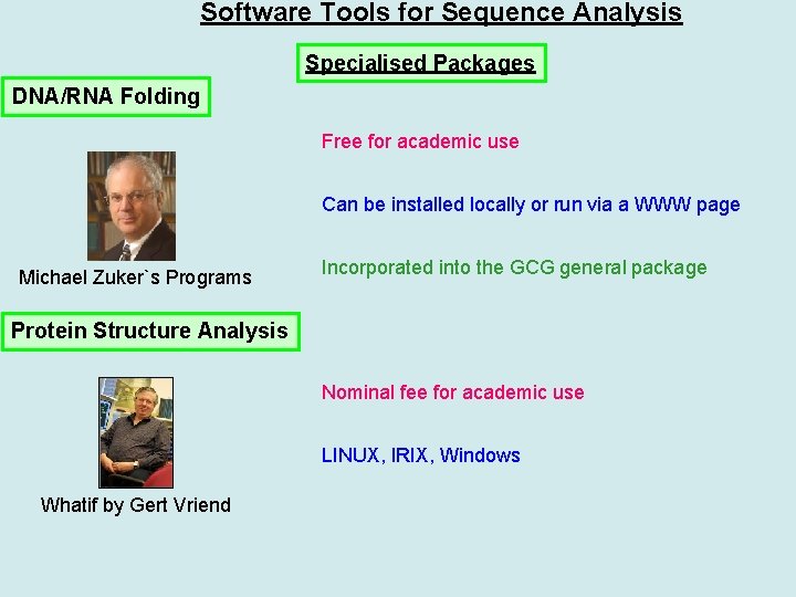 Software Tools for Sequence Analysis Specialised Packages DNA/RNA Folding Free for academic use Can
