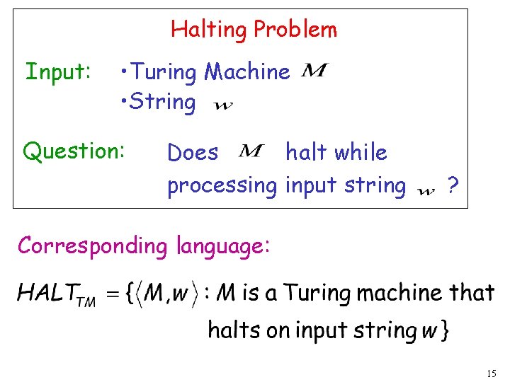 Halting Problem Input: • Turing Machine • String Question: Does halt while processing input
