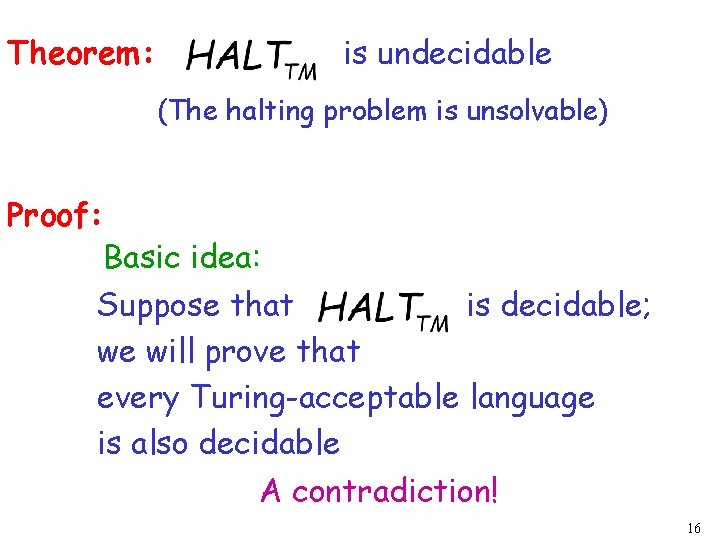 Theorem: is undecidable (The halting problem is unsolvable) Proof: Basic idea: Suppose that is