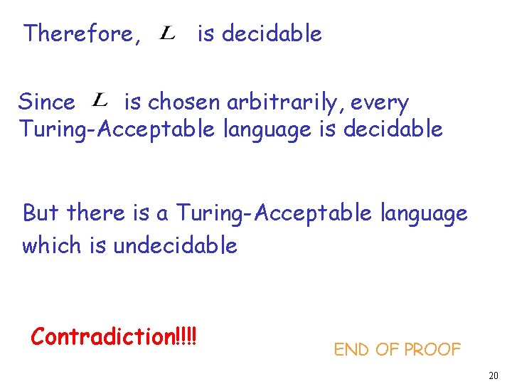 Therefore, is decidable Since is chosen arbitrarily, every Turing-Acceptable language is decidable But there