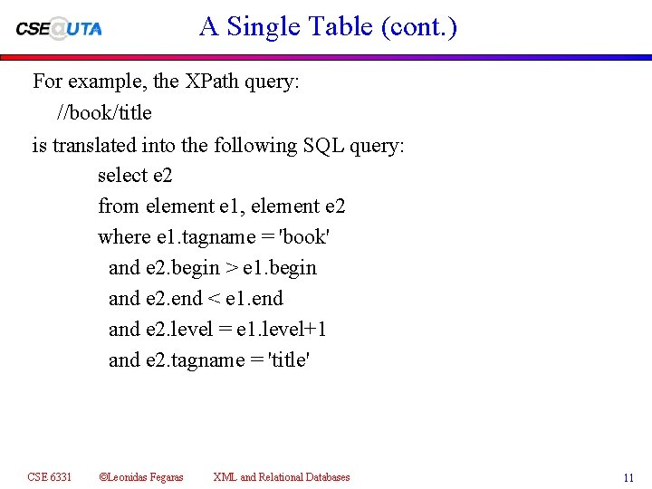 A Single Table (cont. ) For example, the XPath query: //book/title is translated into