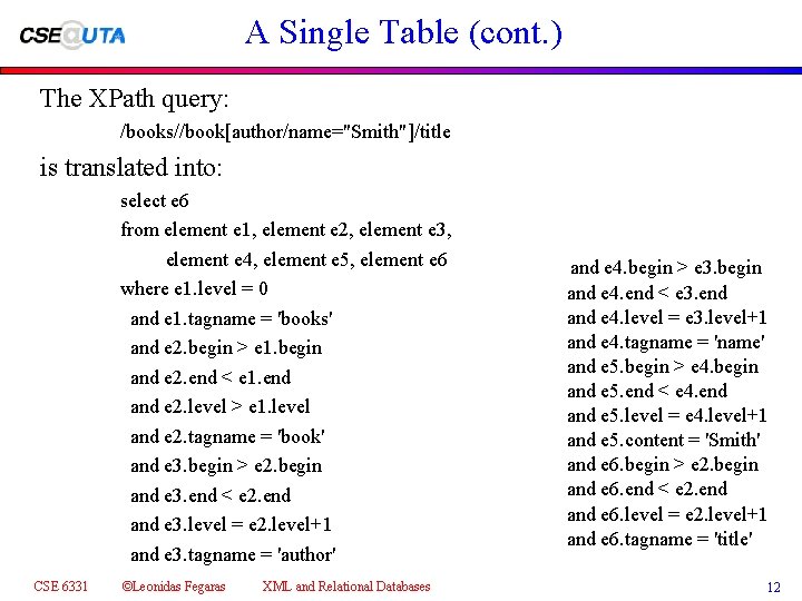 A Single Table (cont. ) The XPath query: /books//book[author/name="Smith"]/title is translated into: select e