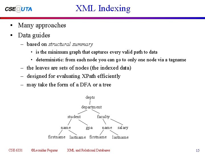 XML Indexing • Many approaches • Data guides – based on structural summary •
