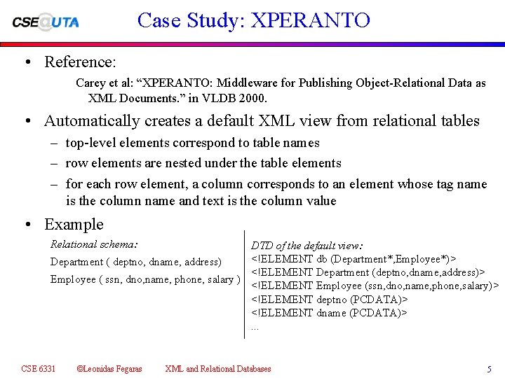 Case Study: XPERANTO • Reference: Carey et al: “XPERANTO: Middleware for Publishing Object-Relational Data