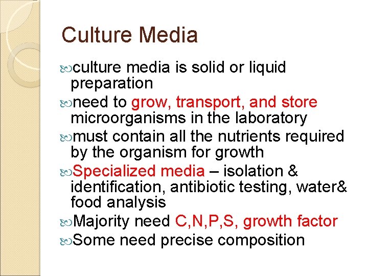 Culture Media culture media is solid or liquid preparation need to grow, transport, and