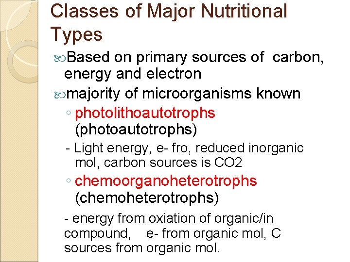 Classes of Major Nutritional Types Based on primary sources of carbon, energy and electron