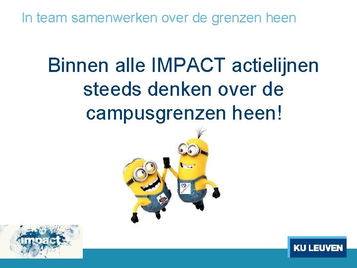 In team samenwerken over de grenzen heen Binnen alle IMPACT actielijnen steeds denken over