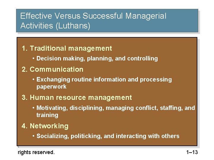 Effective Versus Successful Managerial Activities (Luthans) 1. Traditional management • Decision making, planning, and