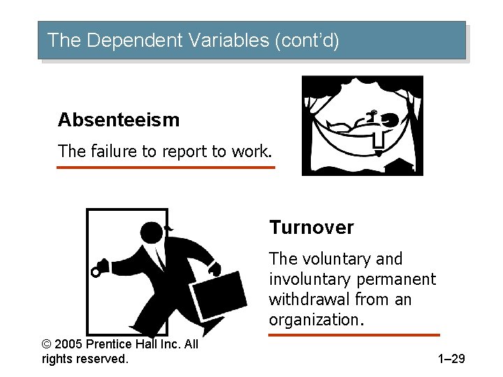 The Dependent Variables (cont’d) Absenteeism The failure to report to work. Turnover The voluntary