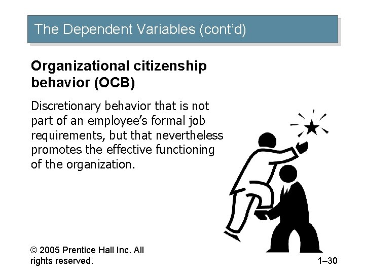 The Dependent Variables (cont’d) Organizational citizenship behavior (OCB) Discretionary behavior that is not part