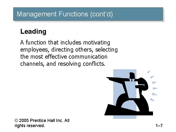 Management Functions (cont’d) Leading A function that includes motivating employees, directing others, selecting the