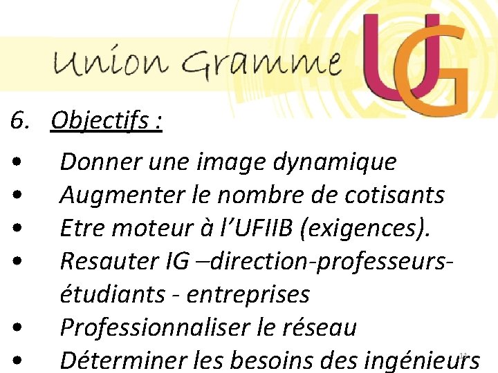 6. Objectifs : • Donner une image dynamique • Augmenter le nombre de cotisants