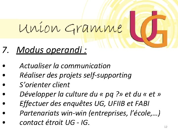 7. Modus operandi : • • Actualiser la communication Réaliser des projets self-supporting S’orienter