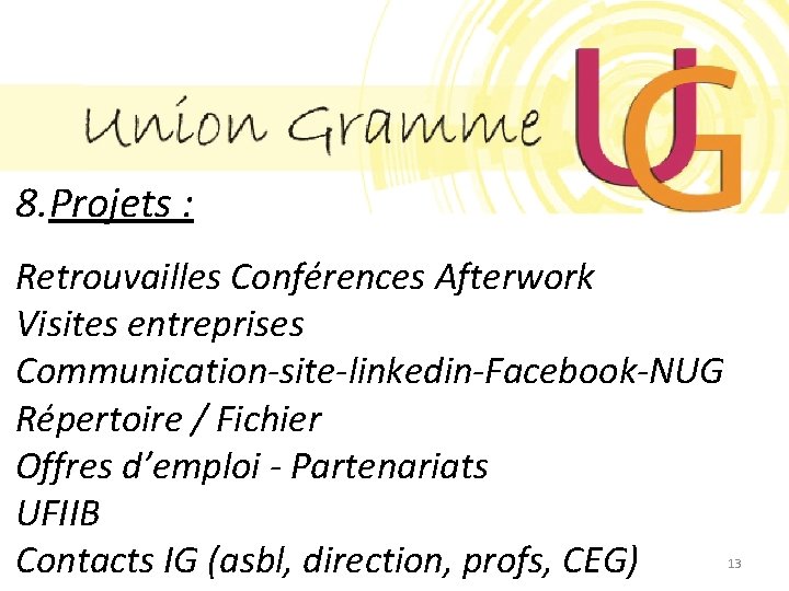 8. Projets : Retrouvailles Conférences Afterwork Visites entreprises Communication-site-linkedin-Facebook-NUG Répertoire / Fichier Offres d’emploi