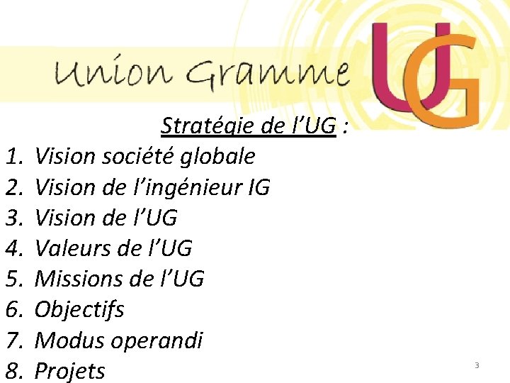 1. 2. 3. 4. 5. 6. 7. 8. Stratégie de l’UG : Vision société