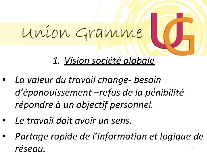 1. Vision société globale • La valeur du travail change- besoin d’épanouissement –refus de