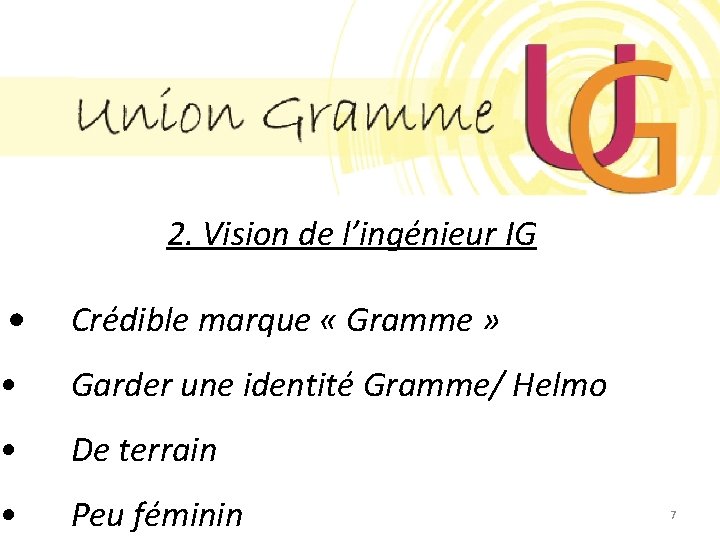 2. Vision de l’ingénieur IG • Crédible marque « Gramme » • Garder une