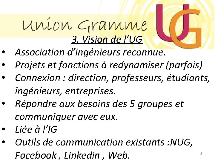  • • • 3. Vision de l’UG Association d’ingénieurs reconnue. Projets et fonctions