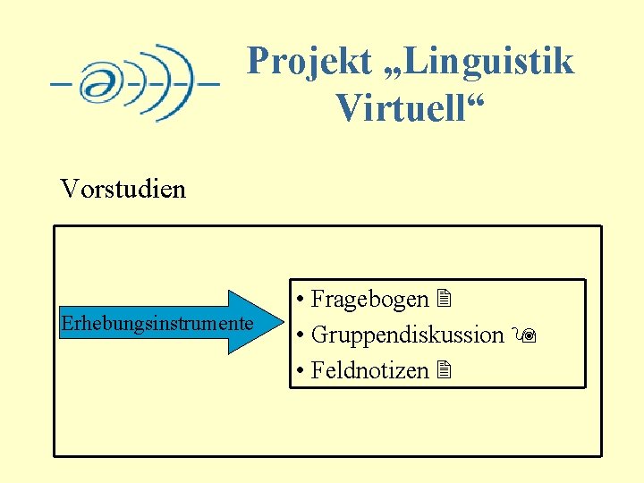 Projekt „Linguistik Virtuell“ Vorstudien Erhebungsinstrumente • Fragebogen 2 • Gruppendiskussion 9 • Feldnotizen 2