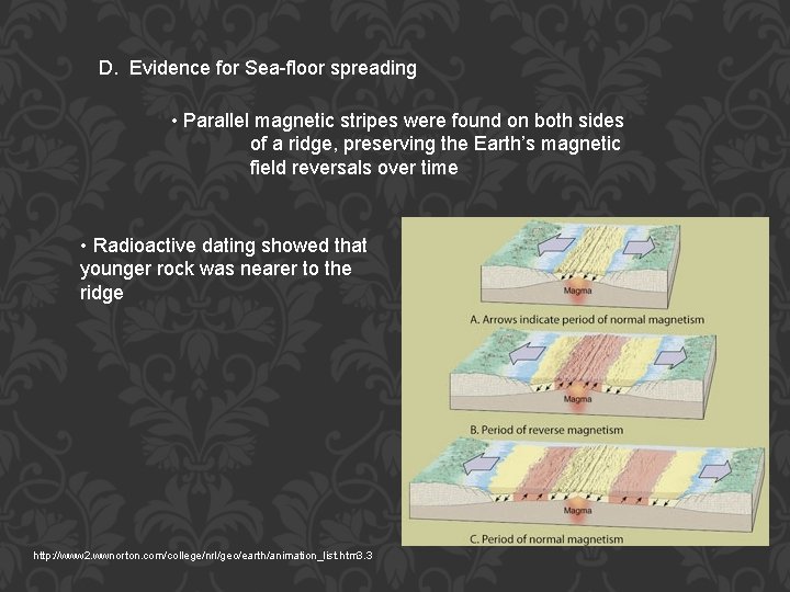 D. Evidence for Sea-floor spreading • Parallel magnetic stripes were found on both sides