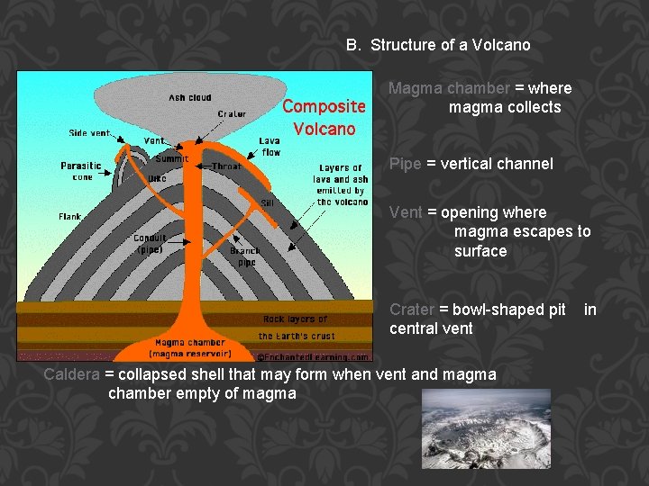 B. Structure of a Volcano Magma chamber = where magma collects Pipe = vertical