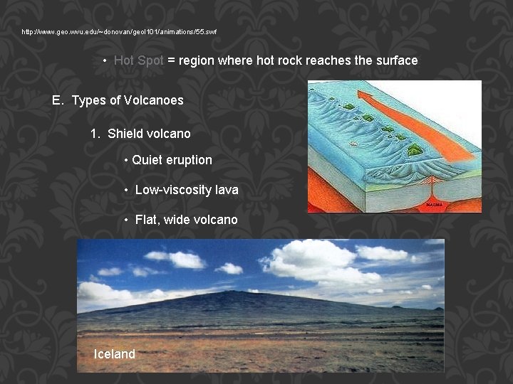 http: //www. geo. wvu. edu/~donovan/geol 101/animations/55. swf • Hot Spot = region where hot