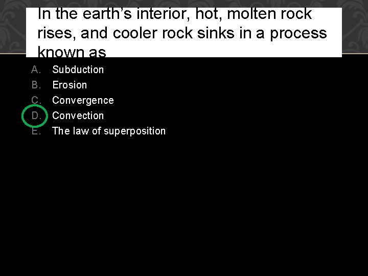 In the earth’s interior, hot, molten rock rises, and cooler rock sinks in a