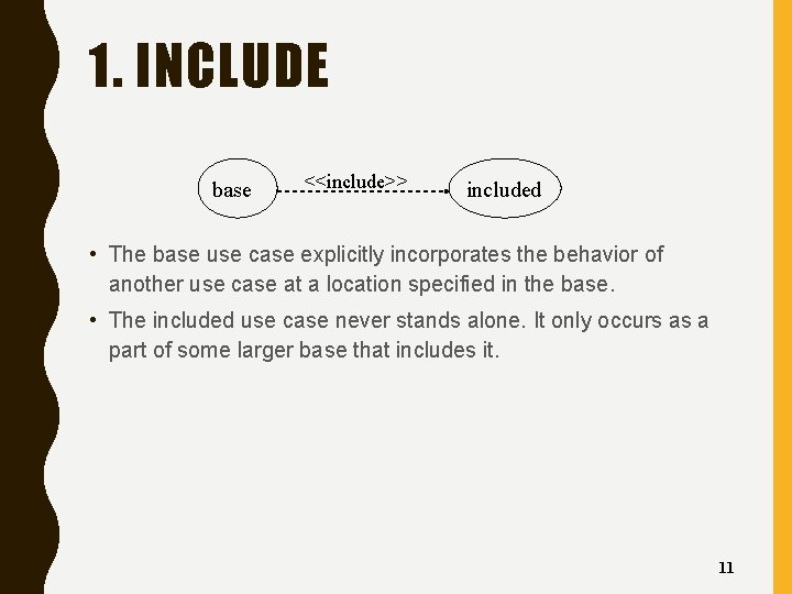 1. INCLUDE base <<include>> included • The base use case explicitly incorporates the behavior