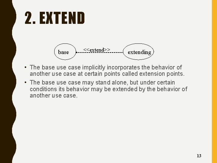 2. EXTEND base <<extend>> extending • The base use case implicitly incorporates the behavior