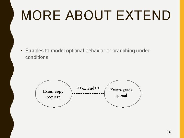 MORE ABOUT EXTEND • Enables to model optional behavior or branching under conditions. Exam