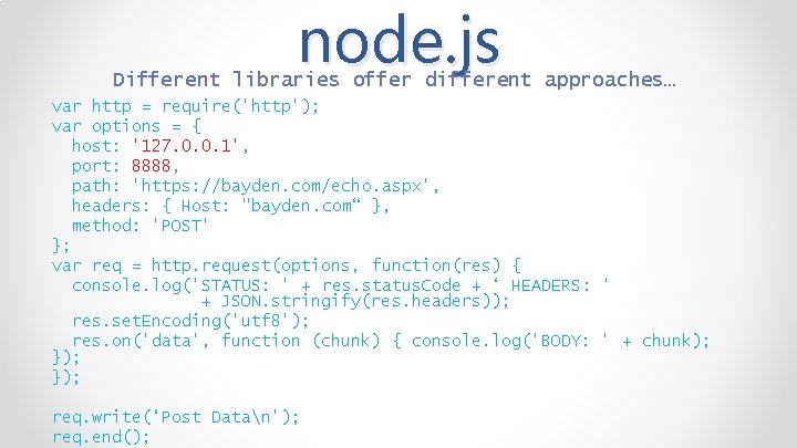 node. js Different libraries offer different approaches… var http = require('http'); var options =
