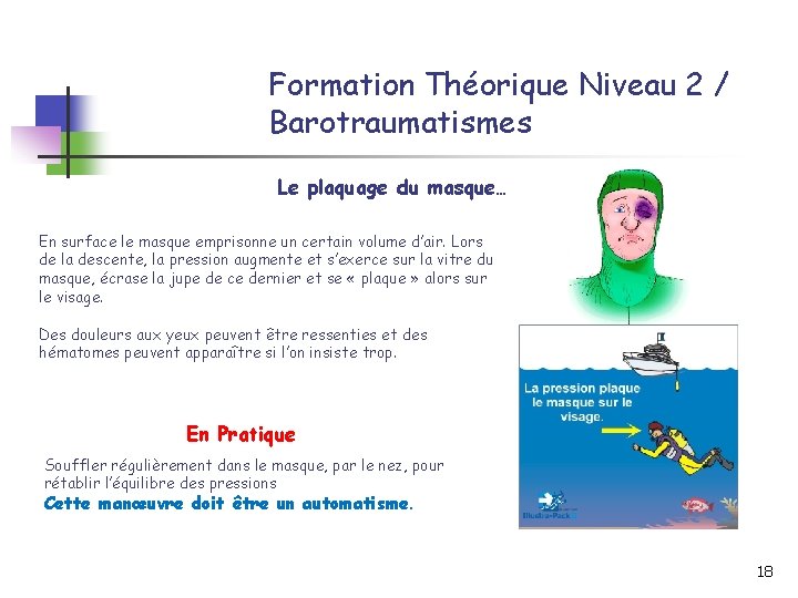 Formation Théorique Niveau 2 / Barotraumatismes Le plaquage du masque… En surface le masque