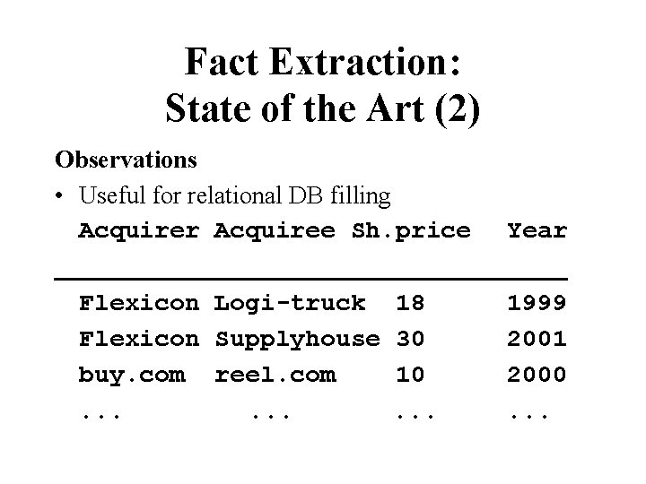 Fact Extraction: State of the Art (2) Observations • Useful for relational DB filling