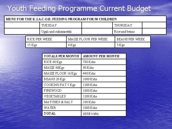 Youth Feeding Programme Current Budget MENU FOR THE K. I. A. C. O. B.
