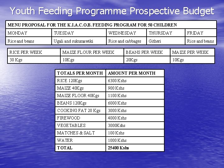 Youth Feeding Programme Prospective Budget MENU PROPOSAL FOR THE K. I. A. C. O.