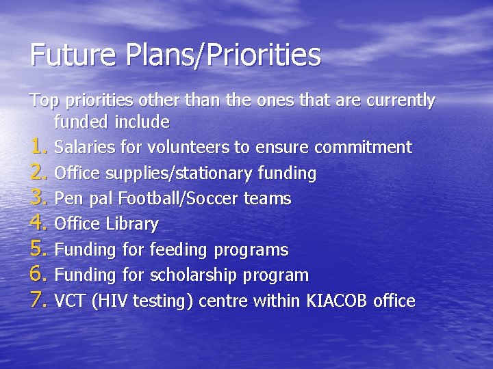 Future Plans/Priorities Top priorities other than the ones that are currently funded include 1.