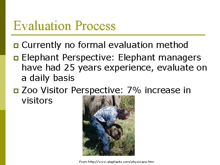 Evaluation Process Currently no formal evaluation method p Elephant Perspective: Elephant managers have had