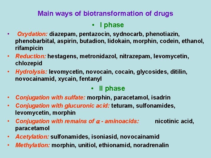 Main ways of biotransformation of drugs • I phase • Oxydation: diazepam, pentazocin, sydnocarb, Main ways of biotransformation of drugs • I phase • Oxydation: diazepam, pentazocin, sydnocarb,