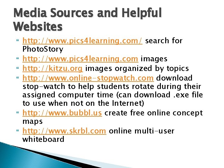 Media Sources and Helpful Websites http: //www. pics 4 learning. com/ search for Photo.