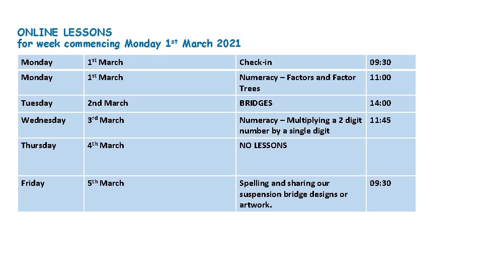 ONLINE LESSONS for week commencing Monday 1 st March 2021 Monday 1 st March