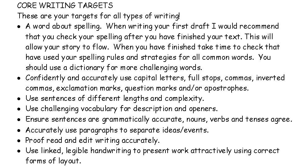 CORE WRITING TARGETS These are your targets for all types of writing! A word