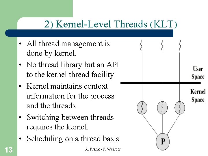 2) Kernel-Level Threads (KLT) • All thread management is done by kernel. • No