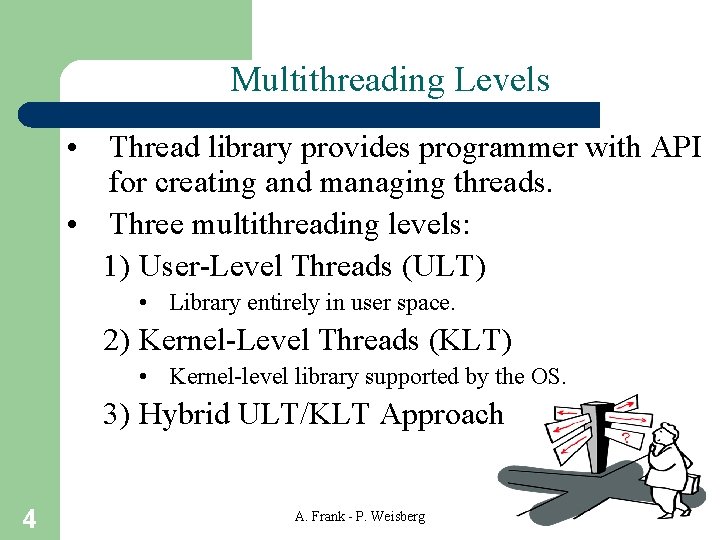 Multithreading Levels • Thread library provides programmer with API for creating and managing threads.