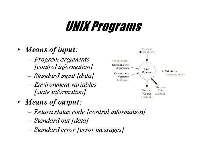 UNIX Programs • Means of input: – Program arguments [control information] – Standard input