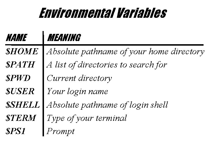 Environmental Variables NAME MEANING $HOME $PATH $PWD $USER $SHELL $TERM $PS 1 Absolute pathname