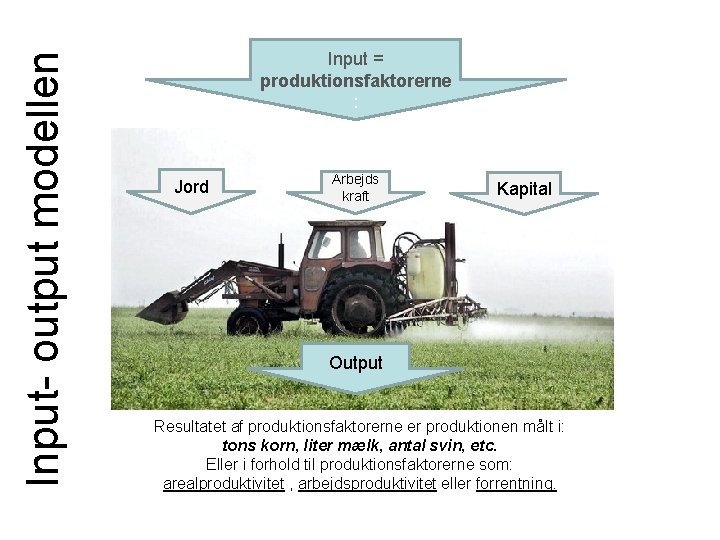 Input- output modellen Input = produktionsfaktorerne : Jord Arbejds kraft Kapital Output Resultatet af