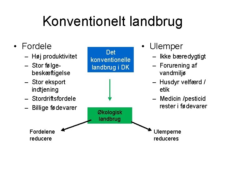 Konventionelt landbrug • Fordele – Høj produktivitet – Stor følgebeskæftigelse – Stor eksport indtjening