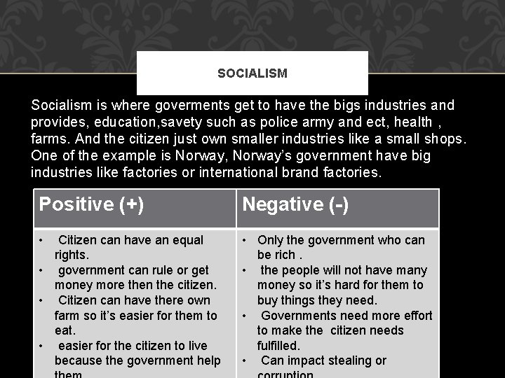 SOCIALISM Socialism is where goverments get to have the bigs industries and provides, education,