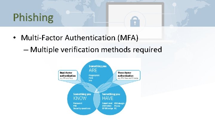 Phishing • Multi-Factor Authentication (MFA) – Multiple verification methods required 