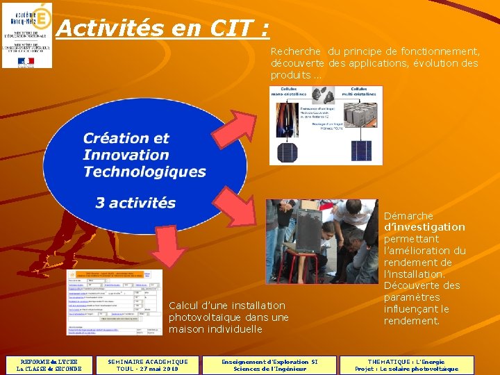 Activités en CIT : Recherche du principe de fonctionnement, découverte des applications, évolution des